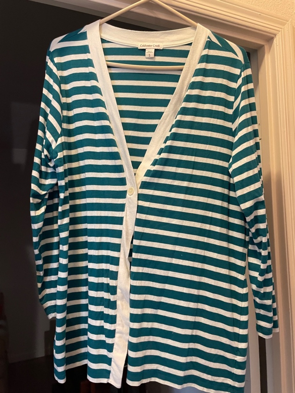 Coldwater Creek Teal & White Striped V-Neck Cardigan